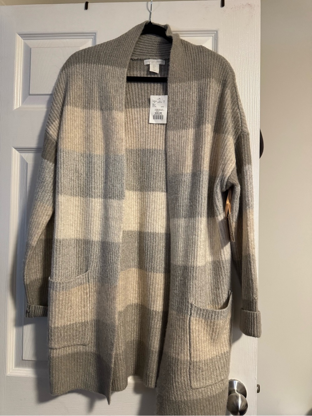 Christian Siriano Cream and Gray Open-Front Plaid Cardigan